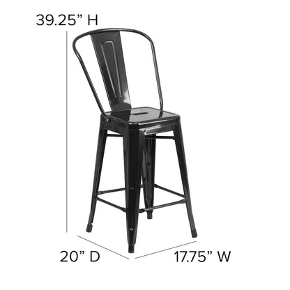 24" High Black Metal Indoor-Outdoor Counter Height Stool with Removable Back