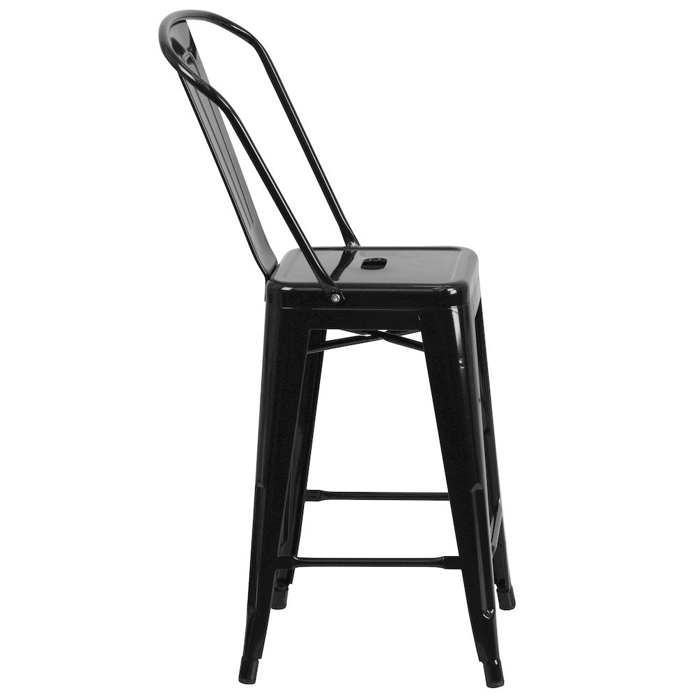24" High Black Metal Indoor-Outdoor Counter Height Stool with Removable Back