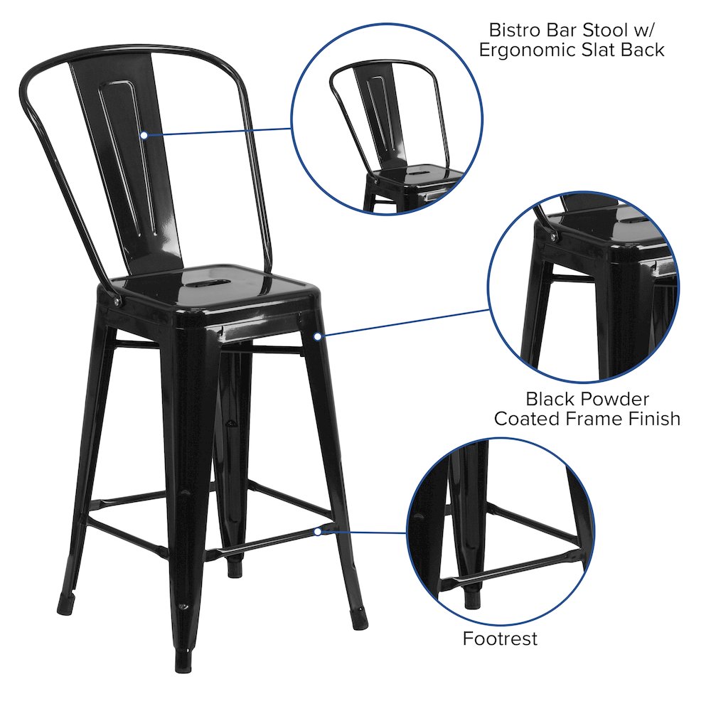 24" High Black Metal Indoor-Outdoor Counter Height Stool with Removable Back