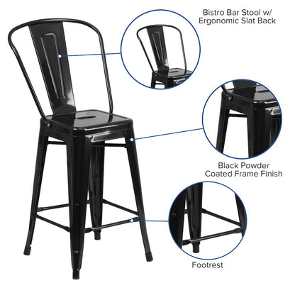 24" High Black Metal Indoor-Outdoor Counter Height Stool with Removable Back