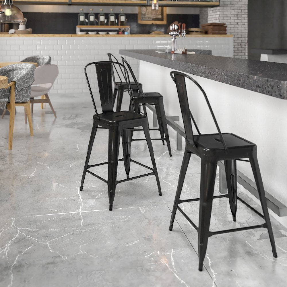 24" High Black Metal Indoor-Outdoor Counter Height Stool with Removable Back