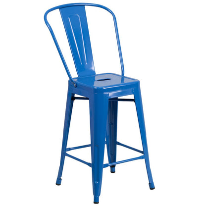 24" High Blue Metal Indoor-Outdoor Counter Height Stool with Removable Back