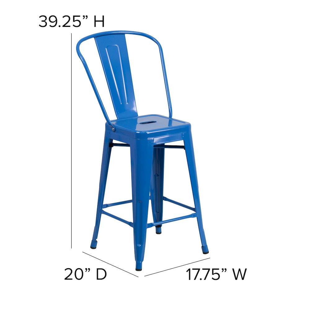 24" High Blue Metal Indoor-Outdoor Counter Height Stool with Removable Back