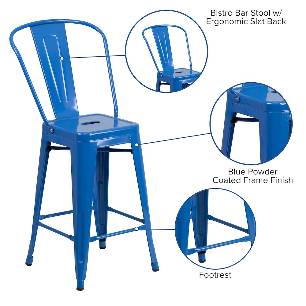 24" High Blue Metal Indoor-Outdoor Counter Height Stool with Removable Back