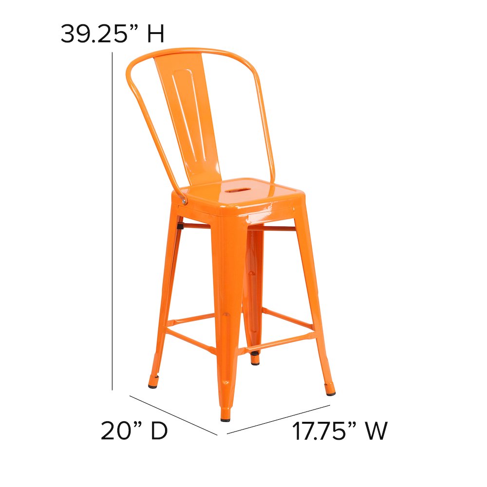 24" High Orange Metal Indoor-Outdoor Counter Height Stool with Removable Back