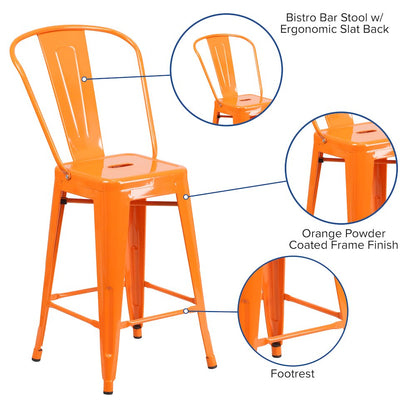 24" High Orange Metal Indoor-Outdoor Counter Height Stool with Removable Back
