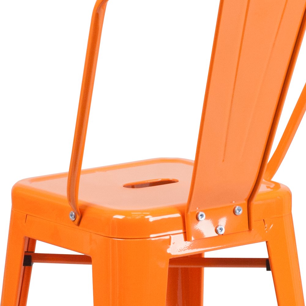 24" High Orange Metal Indoor-Outdoor Counter Height Stool with Removable Back