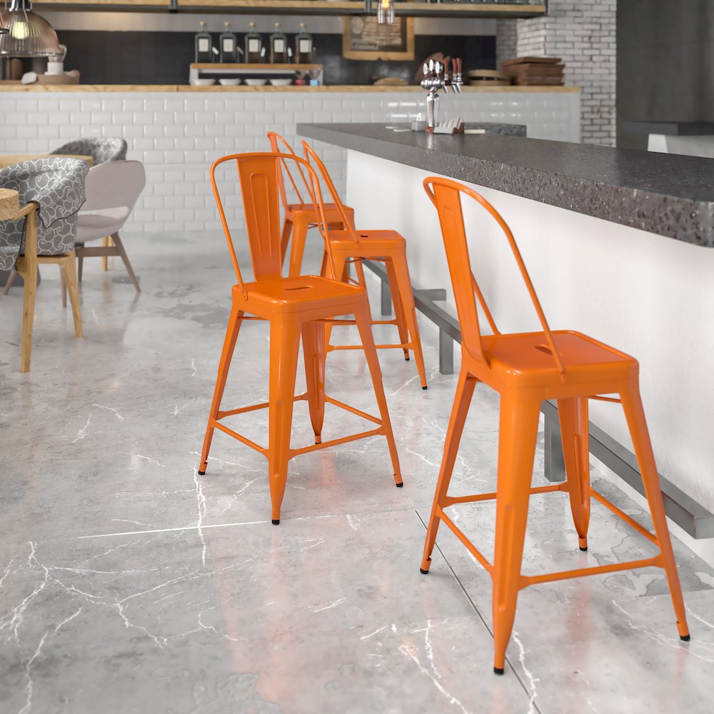 24" High Orange Metal Indoor-Outdoor Counter Height Stool with Removable Back