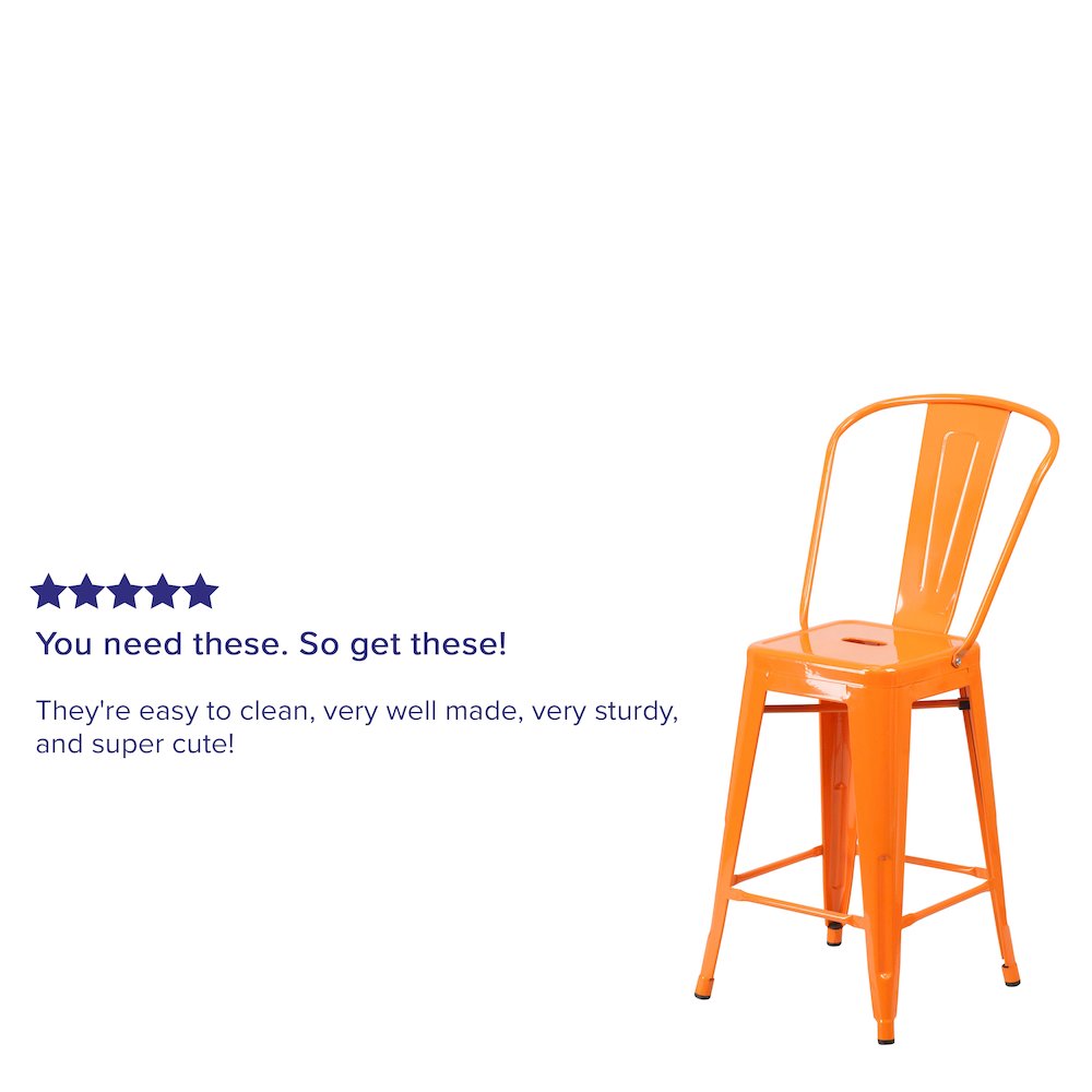 24" High Orange Metal Indoor-Outdoor Counter Height Stool with Removable Back