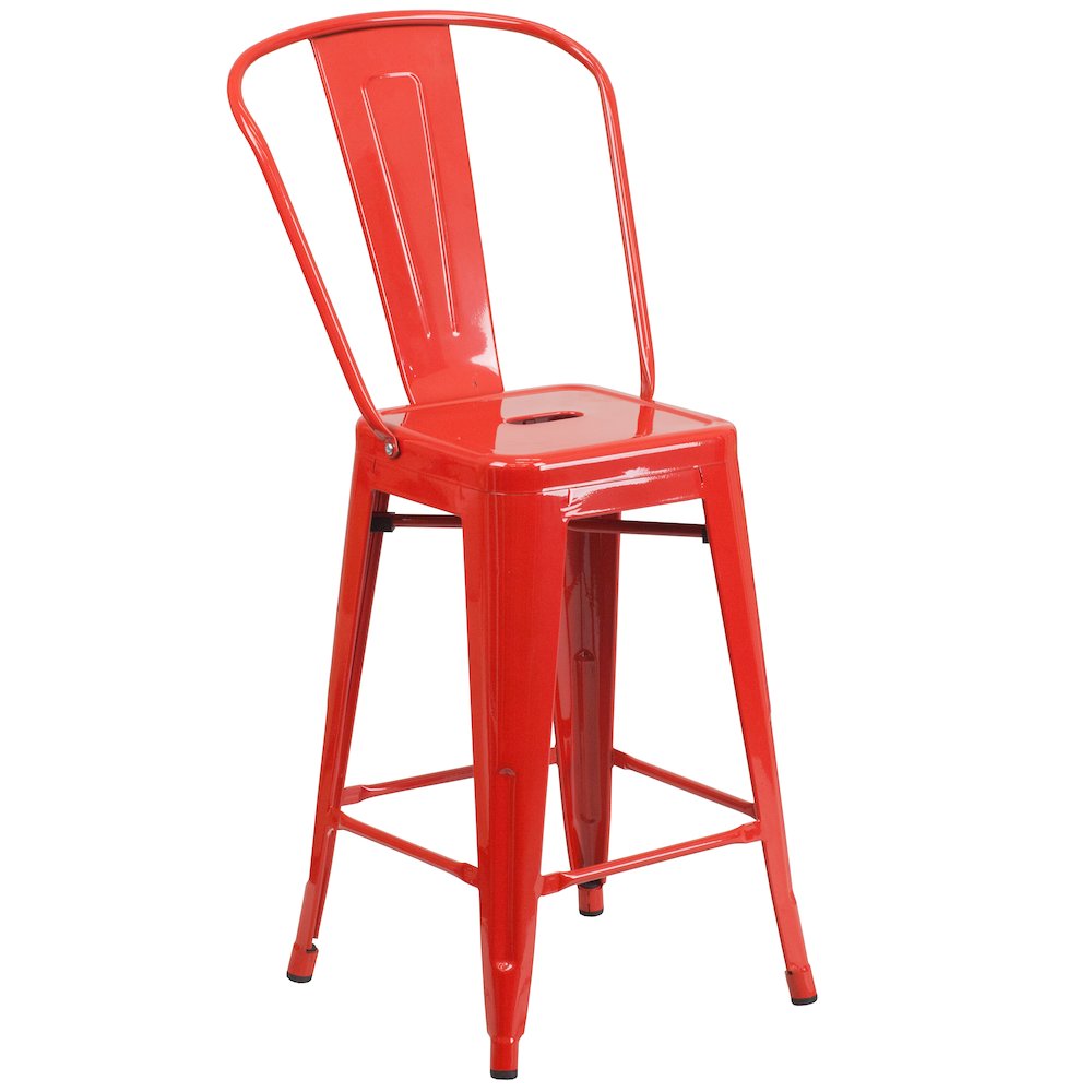 24" High Red Metal Indoor-Outdoor Counter Height Stool with Removable Back