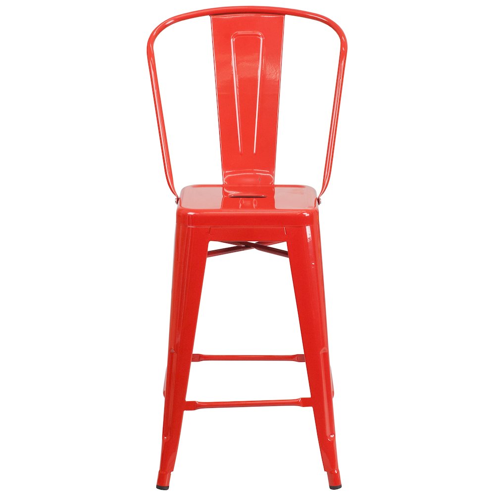 24" High Red Metal Indoor-Outdoor Counter Height Stool with Removable Back