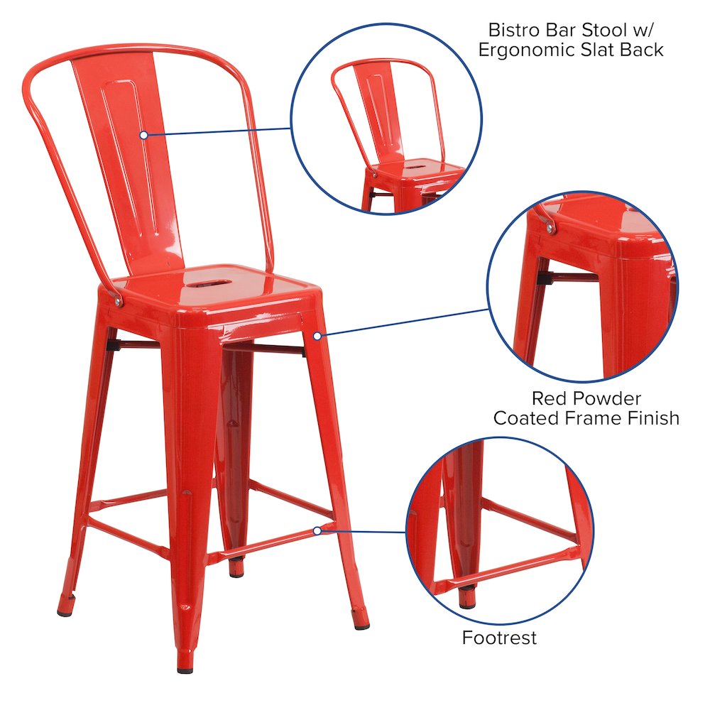 24" High Red Metal Indoor-Outdoor Counter Height Stool with Removable Back