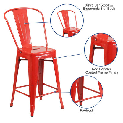 24" High Red Metal Indoor-Outdoor Counter Height Stool with Removable Back