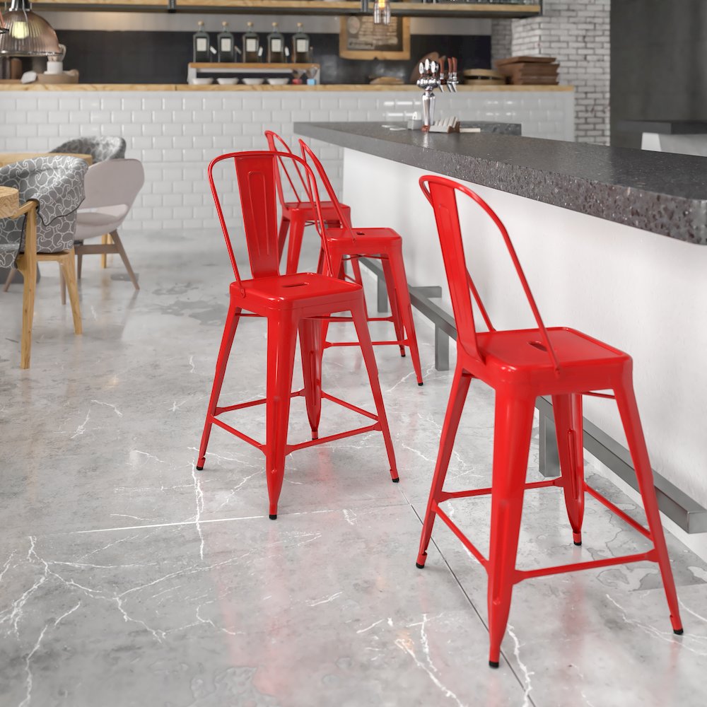 24" High Red Metal Indoor-Outdoor Counter Height Stool with Removable Back