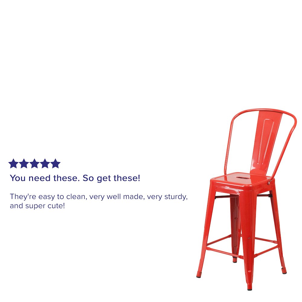 24" High Red Metal Indoor-Outdoor Counter Height Stool with Removable Back