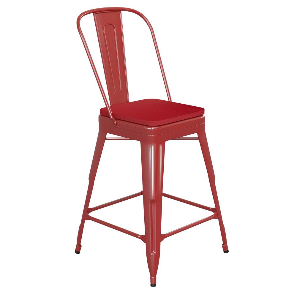 24" High Red Metal Indoor-Counter Height Stool with Removable Back