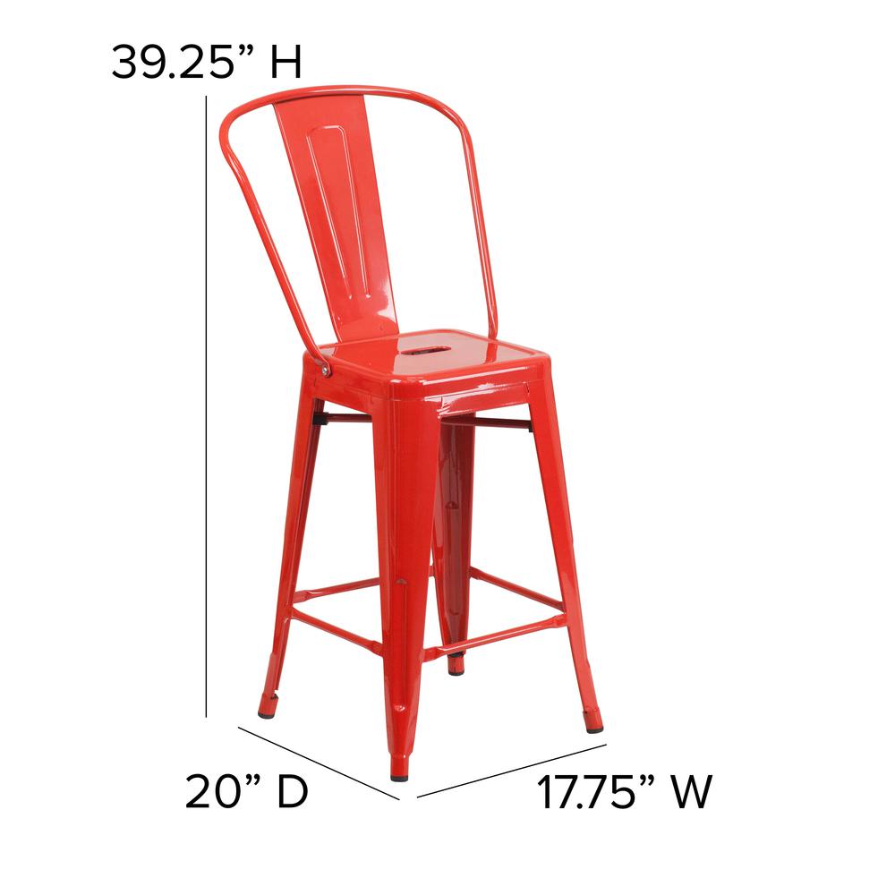 24" High Red Metal Indoor-Counter Height Stool with Removable Back