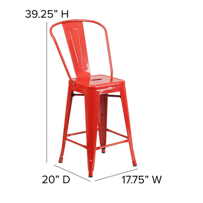 24" High Red Metal Indoor-Counter Height Stool with Removable Back