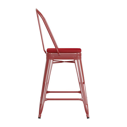 24" High Red Metal Indoor-Counter Height Stool with Removable Back