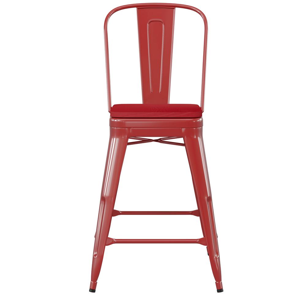 24" High Red Metal Indoor-Counter Height Stool with Removable Back