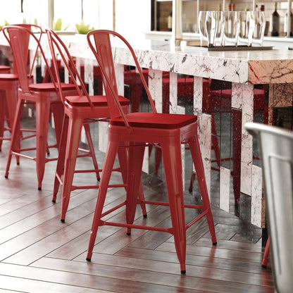 24" High Red Metal Indoor-Counter Height Stool with Removable Back