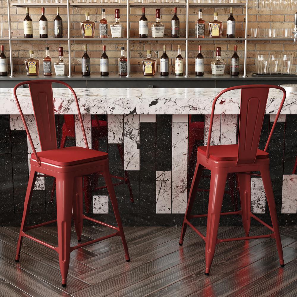 24" High Red Metal Indoor-Counter Height Stool with Removable Back