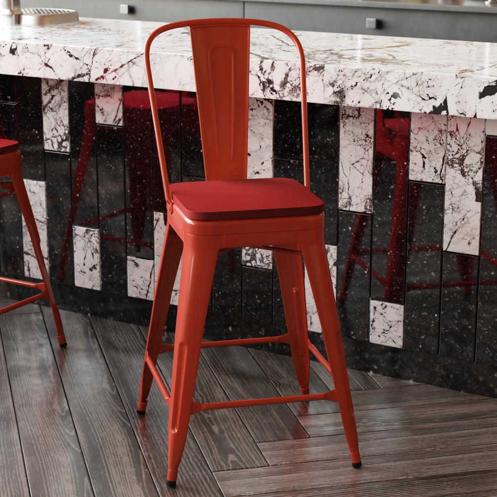 24" High Red Metal Indoor-Counter Height Stool with Removable Back