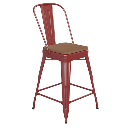 24" High Red Metal Indoor-Counter Height Stool with Removable Back