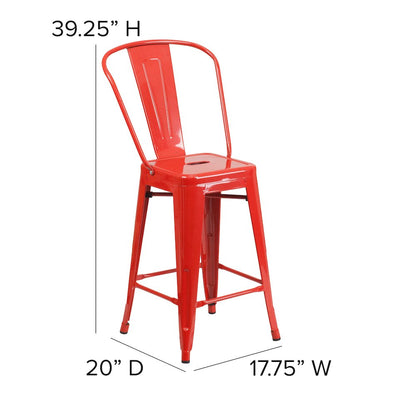 24" High Red Metal Indoor-Counter Height Stool with Removable Back