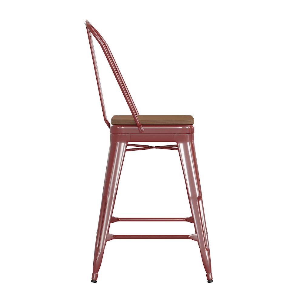 24" High Red Metal Indoor-Counter Height Stool with Removable Back