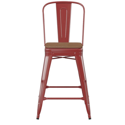 24" High Red Metal Indoor-Counter Height Stool with Removable Back