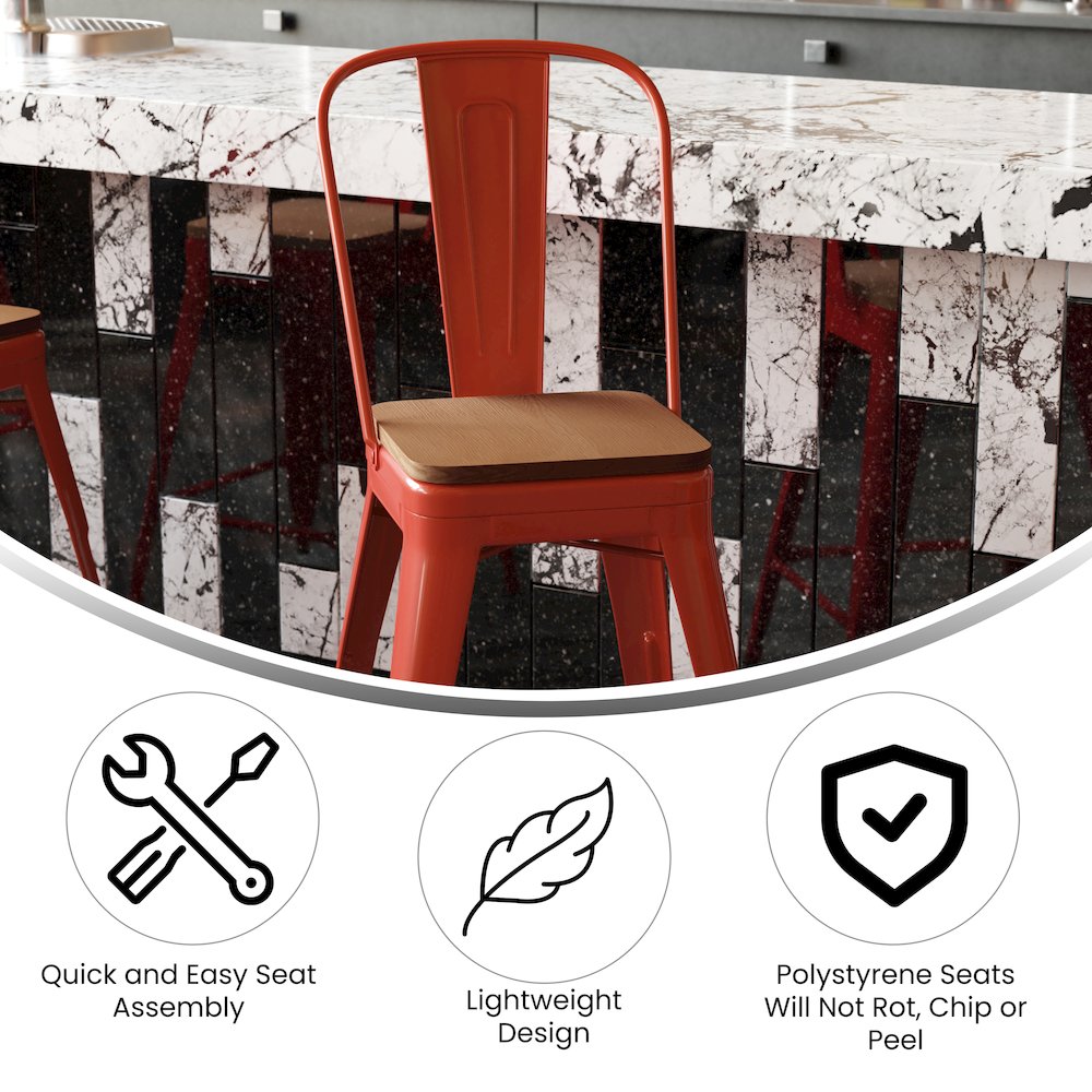 24" High Red Metal Indoor-Counter Height Stool with Removable Back