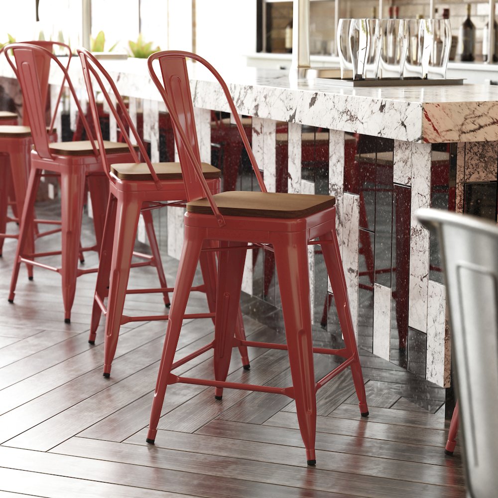 24" High Red Metal Indoor-Counter Height Stool with Removable Back