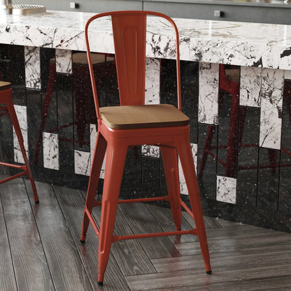 24" High Red Metal Indoor-Counter Height Stool with Removable Back