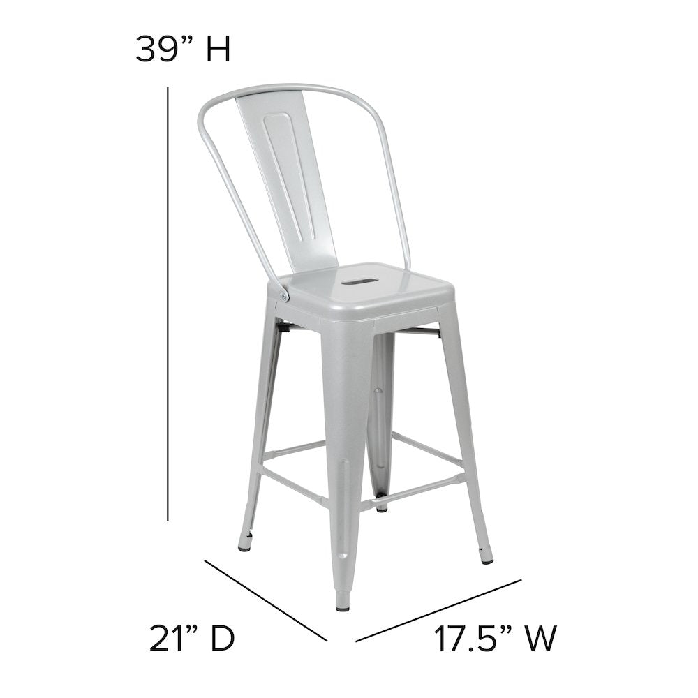 Commercial Grade 24" High Silver Metal Indoor-Outdoor Counter Height Stool with Removable Back