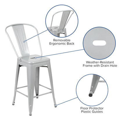 Commercial Grade 24" High Silver Metal Indoor-Outdoor Counter Height Stool with Removable Back