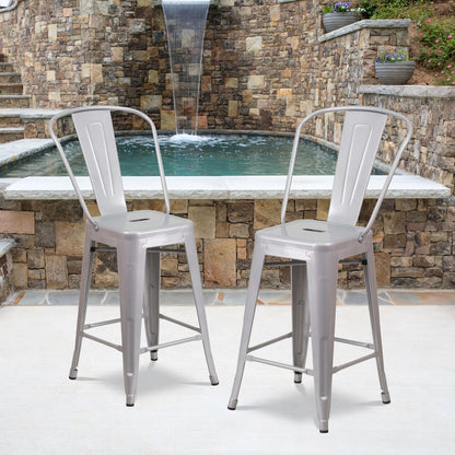 Commercial Grade 24" High Silver Metal Indoor-Outdoor Counter Height Stool with Removable Back