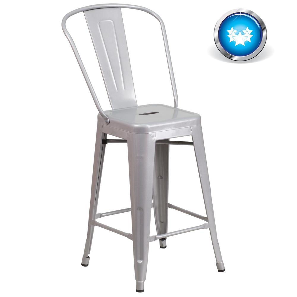Commercial Grade 24" High Silver Metal Indoor-Outdoor Counter Height Stool with Removable Back