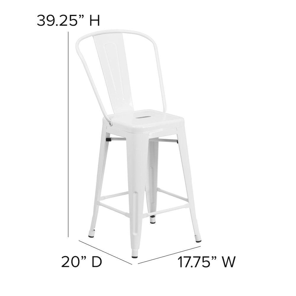 24" High White Metal Indoor-Outdoor Counter Height Stool with Removable Back