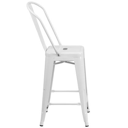 24" High White Metal Indoor-Outdoor Counter Height Stool with Removable Back