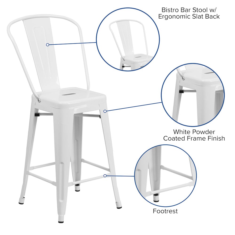 Commercial Grade 24" High White Metal Indoor-Outdoor Counter Height Stool with Removable Back