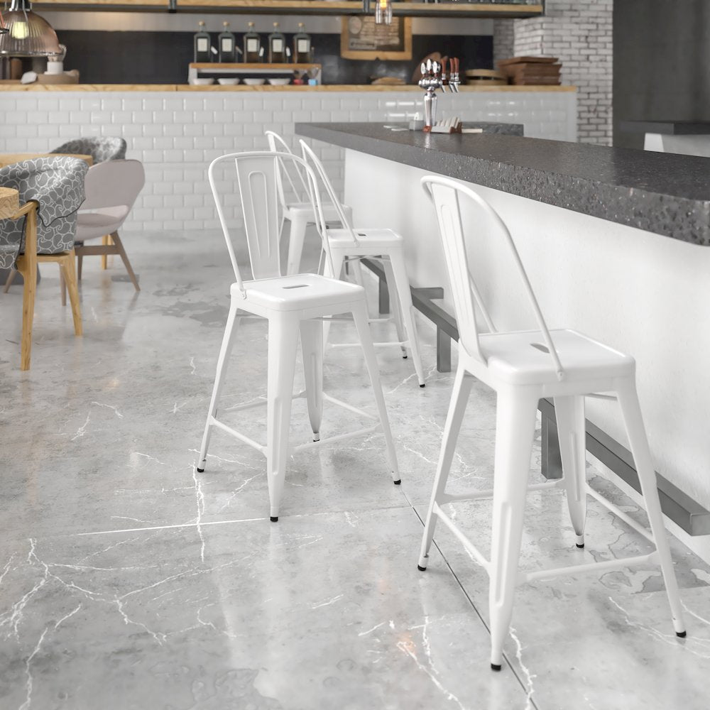 24" High White Metal Indoor-Outdoor Counter Height Stool with Removable Back