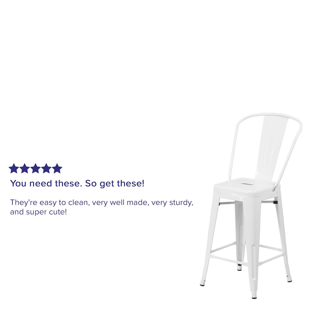 24" High White Metal Indoor-Outdoor Counter Height Stool with Removable Back