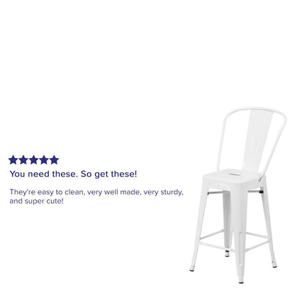 24" High White Metal Indoor-Outdoor Counter Height Stool with Removable Back