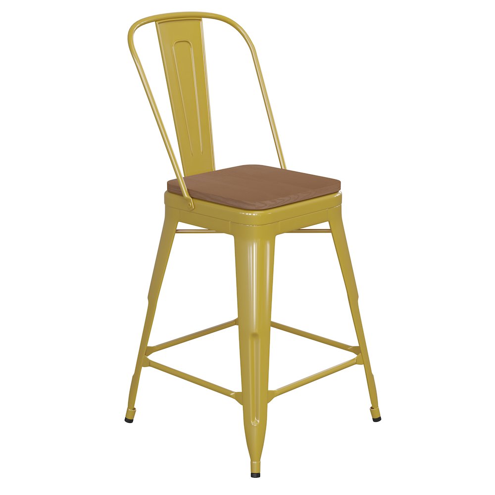 24" High Yellow Metal Indoor-Counter Height Stool with Removable Back