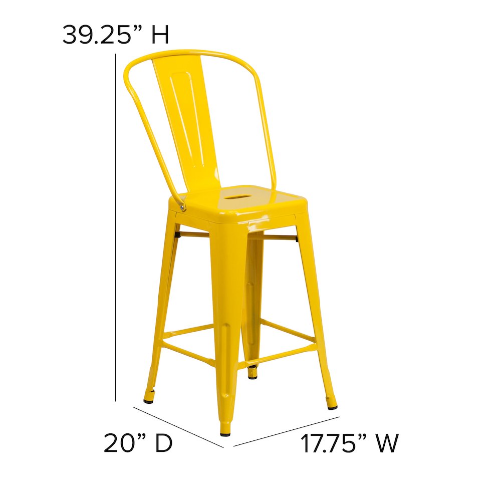 24" High Yellow Metal Indoor-Counter Height Stool with Removable Back