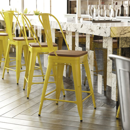 24" High Yellow Metal Indoor-Counter Height Stool with Removable Back