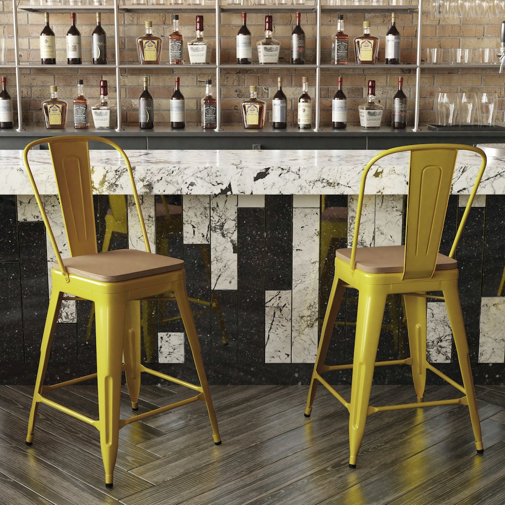 24" High Yellow Metal Indoor-Counter Height Stool with Removable Back