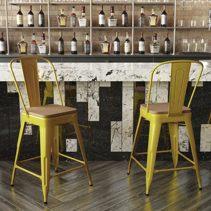 24" High Yellow Metal Indoor-Counter Height Stool with Removable Back