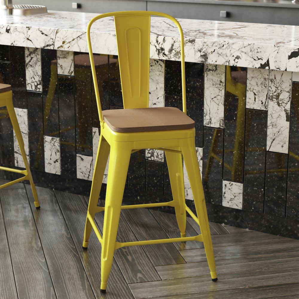 24" High Yellow Metal Indoor-Counter Height Stool with Removable Back
